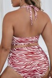 Red Sexy Print Bandage Backless Halter Plus Size Swimwear (With Paddings)