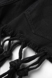 Zwart Street Solid Patchwork Geknoopte Regular Denim Shorts met hoge taille