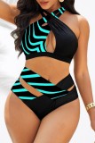 Baby Blue Sexy Print Hollowed Out Patchwork Backless V Neck Plus Size Swimwear (With Paddings)