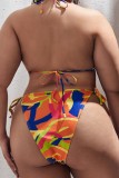 Multicolor Sexy Print Bandage Backless Halter Plus Size Swimwear (With Paddings)
