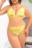 Yellow Sexy Print Tie Dye Backless V Neck Plus Size Swimwear (With Paddings)