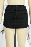 Black Casual Solid Patchwork Draw String Regular Low Waist Pencil Solid Color Bottoms