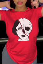 Röd Daily Vintage Print Skull Patchwork O Neck T-shirts