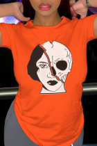 T-shirts à col rond en patchwork de crâne à imprimé vintage quotidien orange