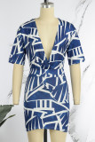 Deep Blue Sexy Print Patchwork V Neck Half Sleeve Two Pieces