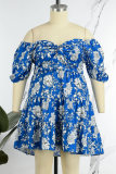 Blue Sweet Print Patchwork V Neck A Line Plus Size Dresses