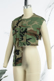Camouflage Casual Street Camouflage Print Pocket Buttons Asymmetrical O Neck Tops