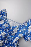 Bleu Doux Imprimé Patchwork Col En V Une Ligne Plus La Taille Robes
