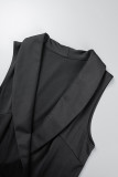 Zwart casual effen patchwork asymmetrische turn-back kraag onregelmatige jurkjurken