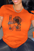 T-shirt O Neck patchwork con stampa arancione Street Simplicity