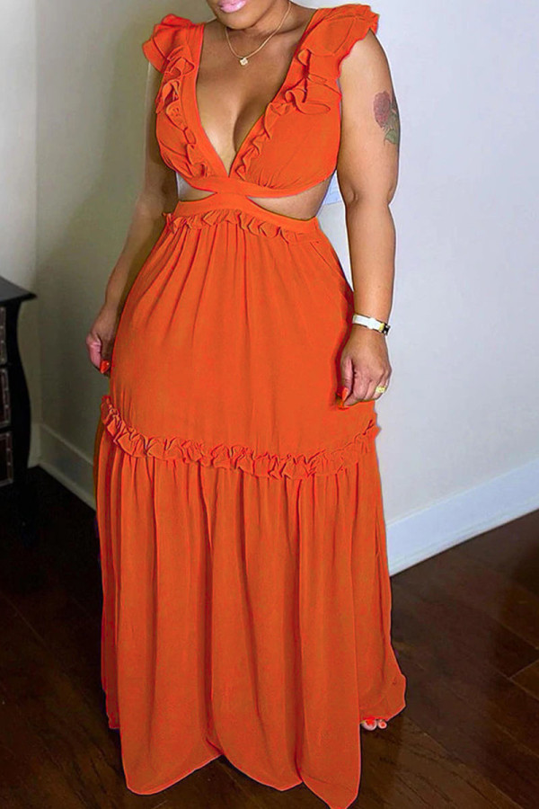 Orange, sexy, feste Bandage, ausgehöhltes Patchwork, rückenfreie, strähnige Selvedge-Kleider mit V-Ausschnitt