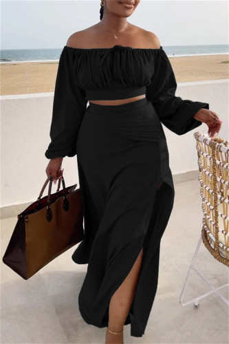 Black Casual Vacation Solid Slit Fold Long Sleeve Two Pieces Off the Shoulder Crop Tops And Thigh Spilt Skirt Sets