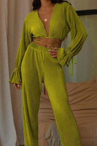 Green Casual Solid Bandage V Neck Long Sleeve Two Pieces