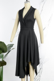 ブラック カジュアル ソリッド パッチワーク 非対称 ターンバック カラー 不規則なドレス ドレス