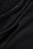 Zwarte sexy feest elegante effen pailletten split spaghettibandje A-lijn jurken