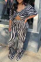Black Casual Daily Basis Animal Stripe Print V Neck Short Sleeve Two Pieces Crop Tops And Pants Sets