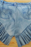 Pantalones cortos de mezclilla de cintura alta con pliegues de volantes de patchwork liso azul de Street