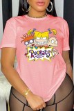 Camisetas casuais rosa com estampa de personagens e decote em letra O