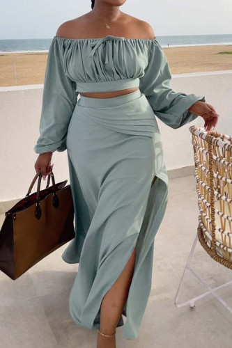 Light Blue Casual Vacation Solid Slit Fold Long Sleeve Two Pieces Off the Shoulder Crop Tops And Thigh Spilt Skirt Sets