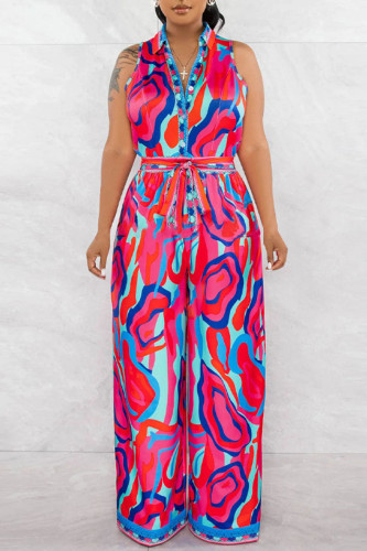 Rose Red Casual Print Patchwork Frenulum Turndown Collar Front Tie Tank Loose Wide Leg Jumpsuits(With Belt)