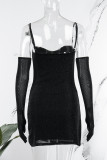 Zwarte sexy feest elegante effen pailletten split spaghettibandje A-lijn jurken