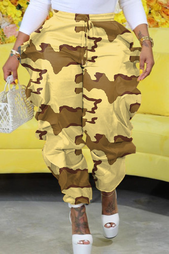 Gele casual camouflageprint patchwork normale hoge taille conventionele volledige printbroek