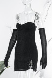 Black Sexy Party Elegant Solid Sequins Slit Spaghetti Strap A Line Dresses