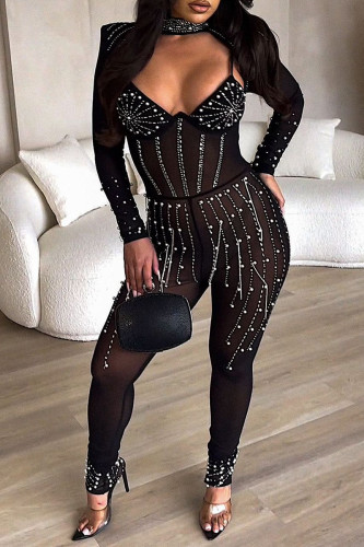 Black Sexy Party Elegant Beading Hot Drill Asymmetrical Collar Skinny Jumpsuits