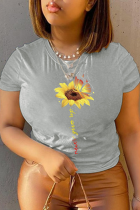 Camisetas con cuello en O de patchwork con estampado diario informal gris