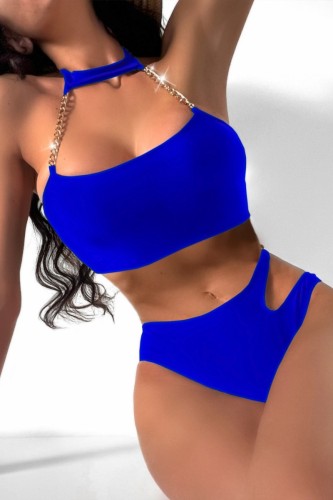Синий сексуальный однотонный купальник с открытой спиной в стиле пэчворк (с прокладками)