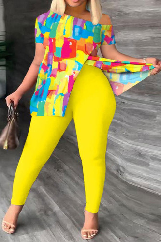 Yellow Sexy Casual Print Printing Contrast Off the Shoulder Short Sleeve Two Pieces