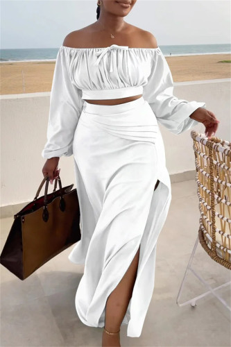 White Casual Vacation Solid Slit Fold Long Sleeve Two Pieces Off the Shoulder Crop Tops And Thigh Spilt Skirt Sets
