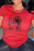 Camisetas con cuello en O de patchwork con estampado de simplicidad de calle rojo