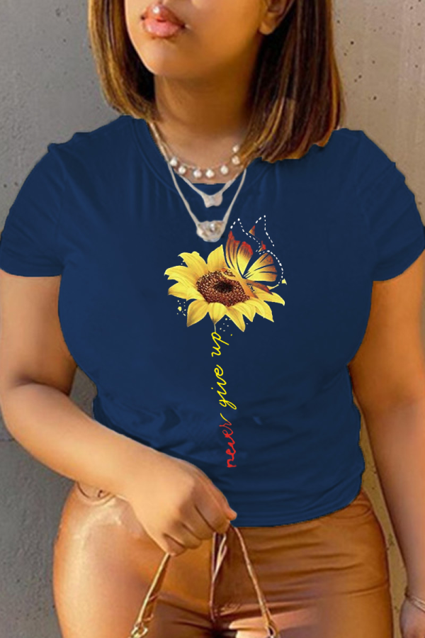 Marineblauwe casual T-shirts met dagelijkse print en patchwork O-hals