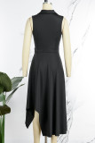 ローズレッド カジュアル ソリッド パッチワーク 非対称 ターンバックカラー 不規則なドレス ドレス