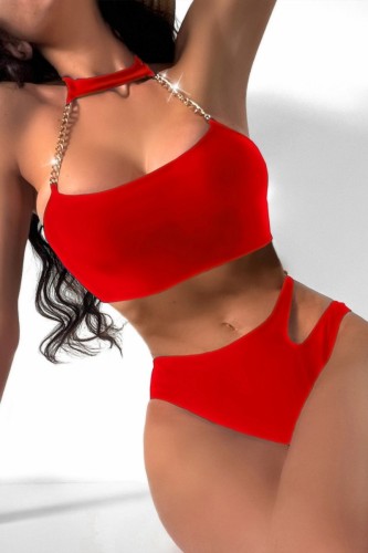 Roter, sexy, einfarbiger, ausgehöhlter, rückenfreier Patchwork-Badeanzug (mit Polsterung)