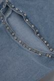 Hellblaue, legere, einfarbige, ausgehöhlte, mit Perlen verzierte Skinny-Denim-Jeans mit mittlerer Taille