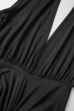 Schwarze sexy Street-elegante, solide, hochöffnende, gefaltete, einstufige Rockkleider mit V-Ausschnitt