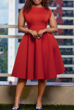 Красное повседневное однотонное базовое платье без рукавов с круглым вырезом Платья