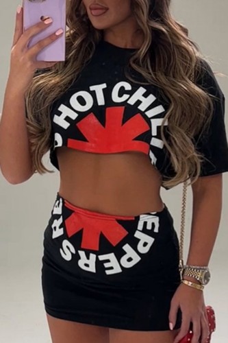 Red Casual Print Basic O Neck Short Sleeve Two Pieces