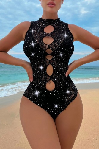 Black Solid Hot Drilling Hollowed Out See-through Backless Swimwears