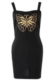Vestidos casuais pretos sexy com estampa de borboleta sem costas e alças finas sem mangas