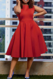 Красное повседневное однотонное базовое платье без рукавов с круглым вырезом Платья