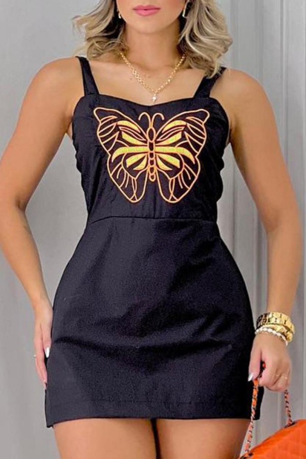 Zwarte sexy casual vlinderprint rugloze spaghettibandjes mouwloze jurkjurken