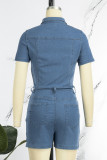 Macacão Jeans Skinny Azul Claro Casual Patchwork Sólido Gola Turndown Cintura Média