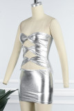 Silver Sexy Street Party Solid Hollowed Out Patchwork Strapless One Step Skirt Dresses