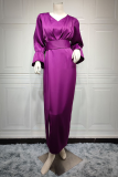 Purple Elegant Solid Fold Cut Out Zipper V Neck Wrapped Skirt Dresses