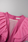 Rose Red Casual Work Elegant Solid Fold Mesh V-hals Vanliga Jumpsuits (med bälte)