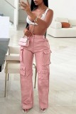 Розовые повседневные однотонные однотонные брюки с высокой талией в стиле пэчворк