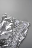 Silver Sexy Solid Frenulum Backless Halter Sans manches Deux pièces
